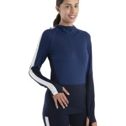 Icebreaker 200 Sonebula Half Zip Long Sleeve Hood Shirt Women - Midnight Navy/Royal Navy/Snow -Icebreaker icebreaker womens 200 sonebula half zip long sleeve hood shirt midnight navy royal navy snow 3 1555377