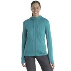 Icebreaker Quantum III Long Sleeve Zip Hood Midlayer Women - Flux Green/Ether